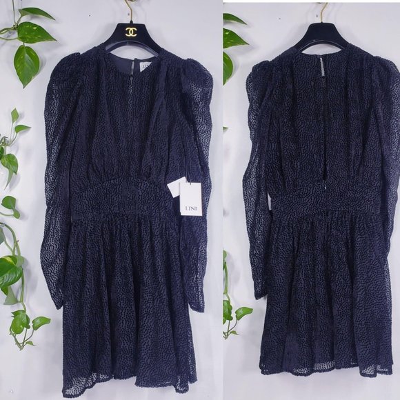 Lini Dress Size XS Puffed Fit Flare Short Mini Black Sheer Burnout Gemma $398 - Picture 5 of 15
